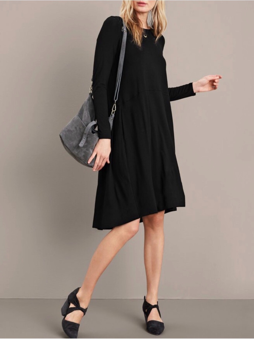 Eileen Fisher Black Jersey Flare Dress Long Sleeve Large Old Money Minimalist